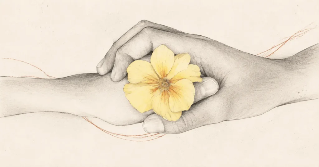 Dos manos de diferentes personas sujetando una flor, símbolo de confianza en relaciones abiertas.