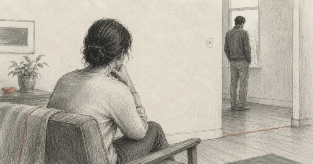 Ilustración editorial de dos personas en una habitación antes de una conversación difícil de pareja.