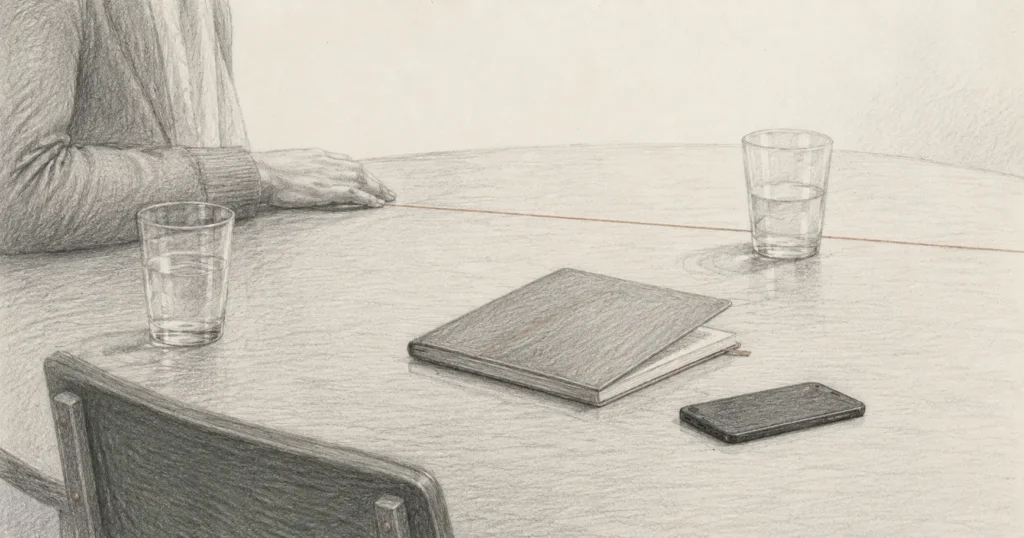 Ilustración editorial de una mesa con vasos, libreta, teléfono y presencia humana parcial antes de una conversación de pareja.