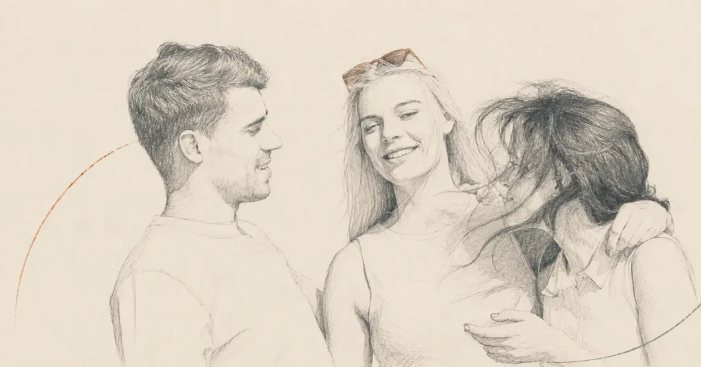 Ilustración editorial en grafito de tres personas en una escena relacional, con acentos terracota y verde, para hablar de comunicación en el poliamor.