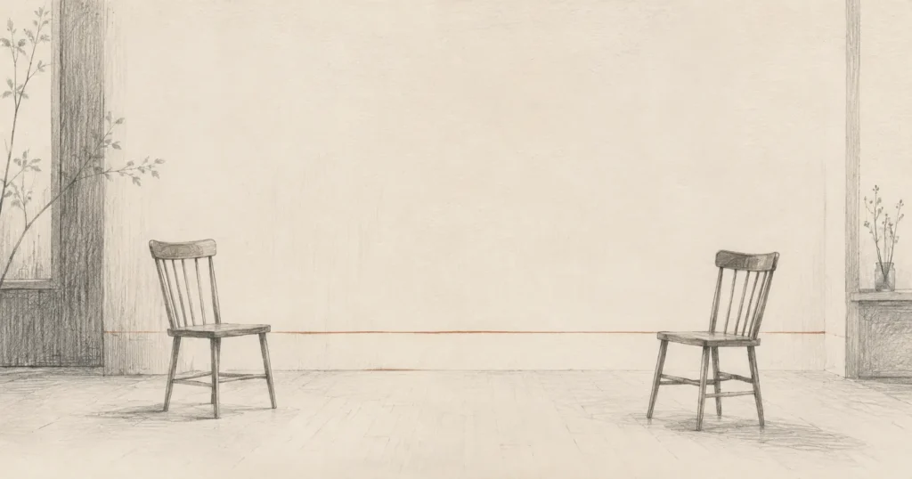 Ilustración editorial de dos sillas separadas en un espacio vacío, evocando distancia y cuidado en la conversación de pareja.