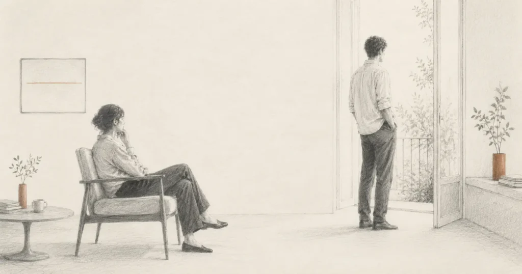 Ilustración editorial en grafito de dos personas en una habitación, una sentada y otra junto a una puerta abierta, para hablar de abrir la relación cuando los ritmos no coinciden.