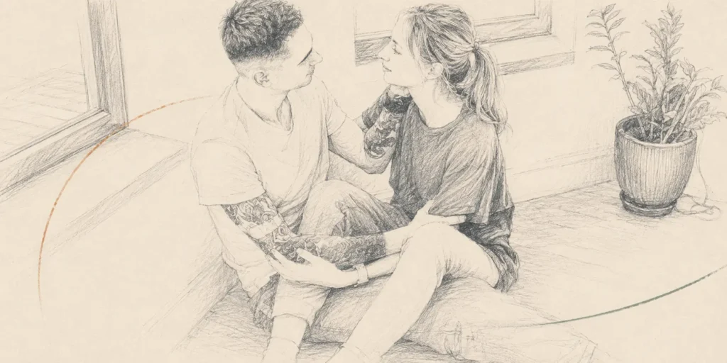 Ilustración editorial en grafito de dos personas sentadas en el suelo, mirándose con calma, para hablar de escucha activa en el poliamor.